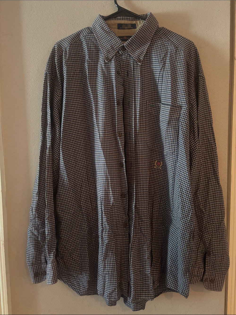 Vintage Tommy Hilfiger Men's Navy and White Check Button-Down Shirt